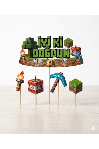 Minecraft Temalı Pasta Kürdan Seti 5'li Doğum Günü Pasta Süsleme Dekoru