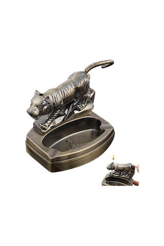 Kaplan Figürlü Metal Küllük Ve Çakmak Dekoratif Masaüstü Aksesuar