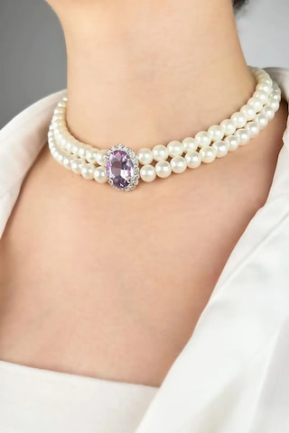 Kristal Uçlu İnci Choker Kolye - Mor Çok renkli