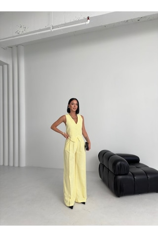 Keten Sirti Çapraz Geçi Şli Cepken Pantolon Takim Sari