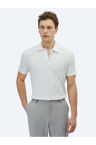 Kip Beyaz Desenli Polo Yaka %100 Pamuk T-shirt Beyaz