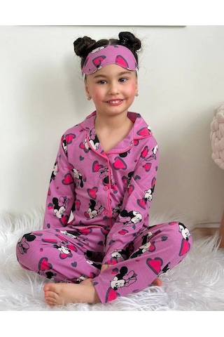 Lillypicca Kız Çocuk Desenli Pamuklu Önden Düğmeli Göz Bantlı Uzun Kol Pijama Takımı 9009 Mürdüm