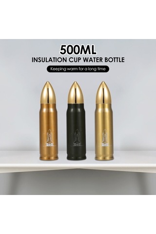 Ebitda Paslanmaz Çelik 500ml Vakumlu Su Şişesi - Seyahat İçin Mermi Şeklinde Altın