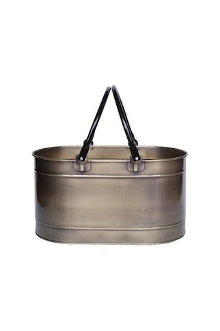 Metal Gold Uzun Oval Kulplu Tasarım Şömine- Soba Odun Depolama Saklama Kovası