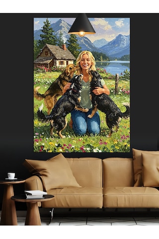 Doğada Kadın Ve Köpeklerin Sevgisi Dekoratif Kanvas - Mdf Ahşap Tablo