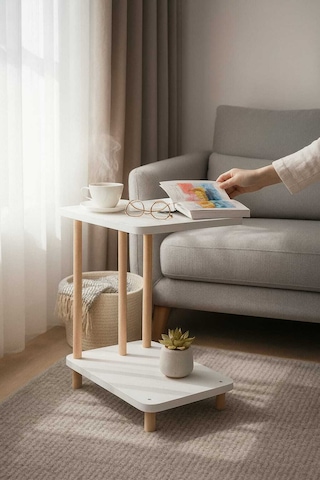 C Sehpa 40 X 30 X 54cm Yan Sehpa Komodin Kahvaltı Bilgisayar Sehpası Bal Mumu Kaplı Ayaklı Beyaz