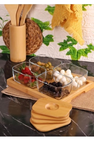 Bambum Krosna Plus Bambu Kapaklı Tepsili Cam Kahvaltı Seti 9 Parça Ahşap - Şeffaf
