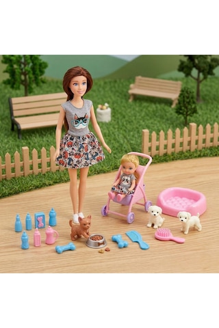 Good Girl Anne Kız Pet Shop Oyun Seti - 29 Cm Oyuncak Bebek, Yavru Köpekler Ve Pusetli Evcilik Seti Kahve