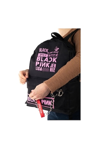 Shopiolog Black Pink Yazılı Logo Baskılı Zincirli Fermuarlı Piercingli Siya