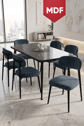 Runes Serisi Mdf Sabit 80x130 Siyah Mermer Desen Mutfak Masası Takımı 6 Sandalye Siyah Mermer - Siyah