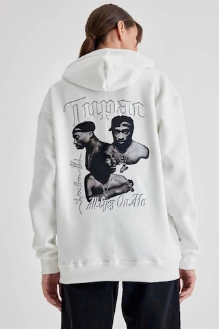 Mbb E-ticaret Kadın Oversize Kapüşonlu Cepli Tupac Baskılı 3 İplik Pamuklu Hoodie Sweatshirt - Beyaz
