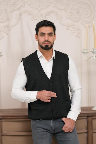 Woolen World Regular Fit Ön Cepli Kolsuz Erkek Triko Yelek Antrasit