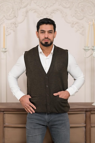 Woolen World Regular Fit Ön Cepli Kolsuz Erkek Triko Yelek Kahverengi