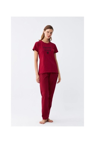 İkikareshop Kadın Bordo Kalp Desenli Kısa Kollu Penye Pijama Takımı Çok Renkli