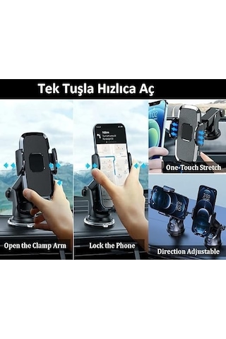 Otomatik Klipsli Teleskobik Araç İçi Telefon Tutucu Yüksek Kaliteli Tutuş Ve 360 Dönebilme Özellikli Cam Ve Diğer