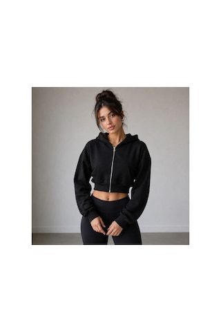 Herkesemoda Kadın Siyah Fermaurlı Kapüşonlon 2 İplik Şardonlu Crop Sweatshirt Siyah