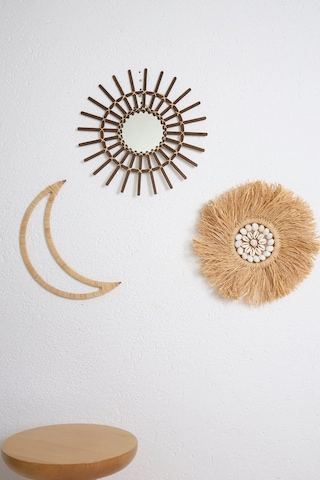 3'lü Set Rafya Deniz Kabuklu Model & Kahverengi Rattan Çubuk Ayna & Rafya Ay M073