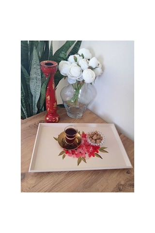 El Boyaması Küçük Boy Ahşap Tepsi Pudra Pembe