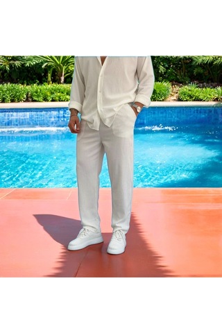 Erkek Bürümcük Krinkıl Kumaş Yazlık Likralı Apaj Yakalı Gömlek Ve Eşofman Takım Kombini Beyaz