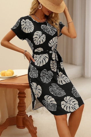 Emh Store Kadın Kısa Kollu Bisiklet Yaka Desenli Kuşaklı Örme Krep Midi Elbise Çok Renkli