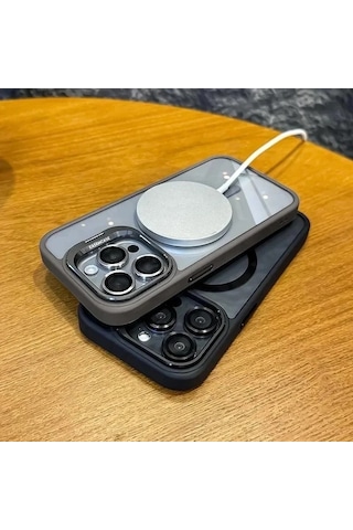 İphone 16 Pro Max Uyumlu Kılıf Klon Stantlı + Lens Korumalı Magsafe Telefon Kılıfı Titanyum