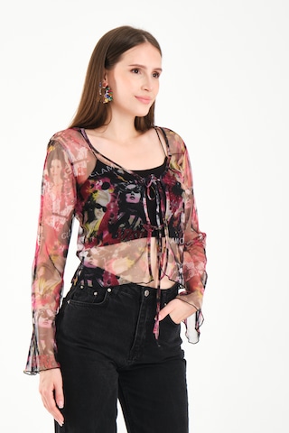Önü Bağcıklı Tül Bluz Pembe