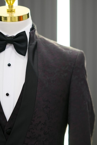 Hakim Yaka Şal Desenli Slimfit Yelekli Papyonlu Siyah Pantolon Kombinli Smokin Takım Elbise 001
