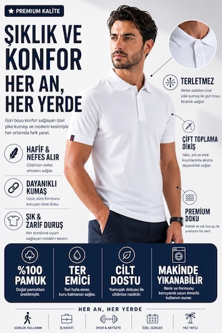 Luxıc Core Erkek Polo Yaka Beyaz Tişört Likralı Pike Kumaş Terletmez Slim Fit Günlük Şık Tasarım