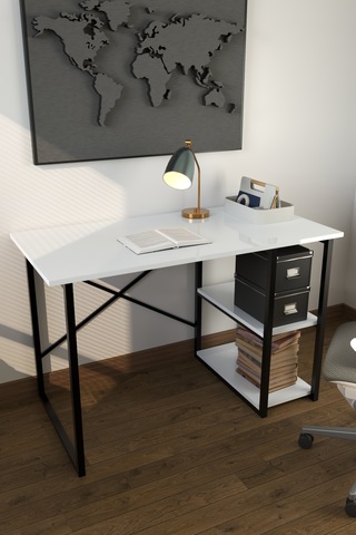 Makbulce Metal Raflı Çalışma Masası Beyaz