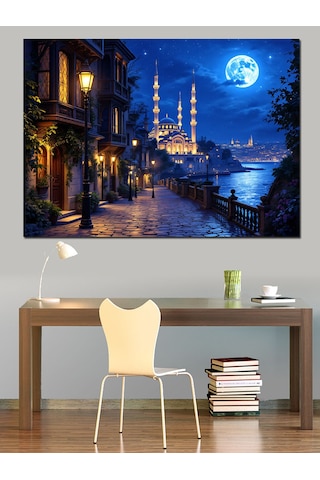Gece İstanbul Camii Manzarası Dekoratif Kanvas - Mdf Ahşap Tablo