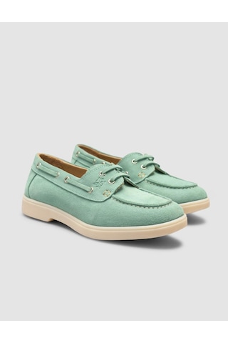Monamae %100 Hakiki Deri Yeşil İp Detaylı Süet Kadın Loafer YESIL