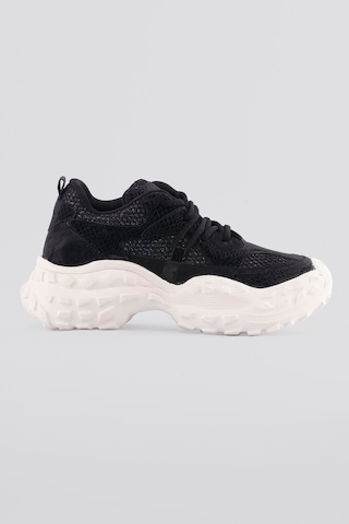 Mubiano Kadın Sneaker Kalın Taban Yılan Baskı Detaylı Bağcıklı Spor Ayakkabı Stellix Siyah Siyah