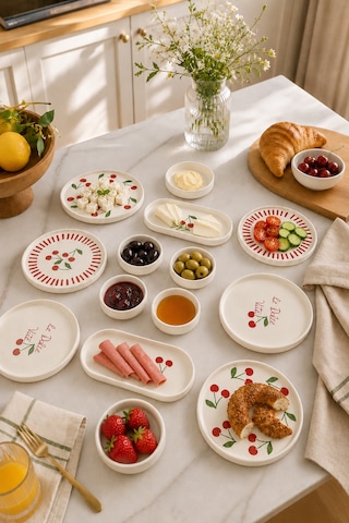 Vita Cherry 14 Parça 6 Kişilik Stackable Kahvaltı Takımı - Lüx Kahvaltılık Sunum Seti Tabağı Beyaz
