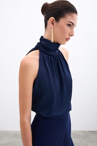 Sateen Desenli Kolsuz Bluz - Lacivert