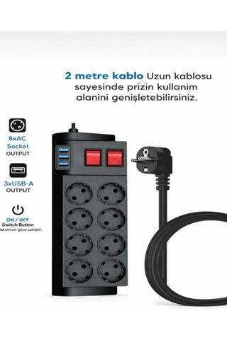 4000w, 16a, Akım Korumalı Priz 8xpriz, 3xusb, 2mt Kablo, Çoklayıcı Diğer