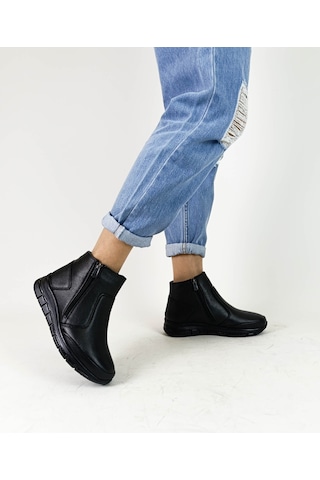 Hakiki Deri Siyah Renk Fermuarlı Bağcıklı Anne Bot Hakiki Deri Siyah Renk Fermuarlı Bağcıklı Anne Bot