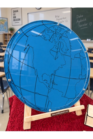 Öğretmenler Gününe Özel Dünya Haritalı Pleksi Mdf Yuvarlak Hatıra Anı Kutusu (50CM) Kalem ve Şövale Hediyeli