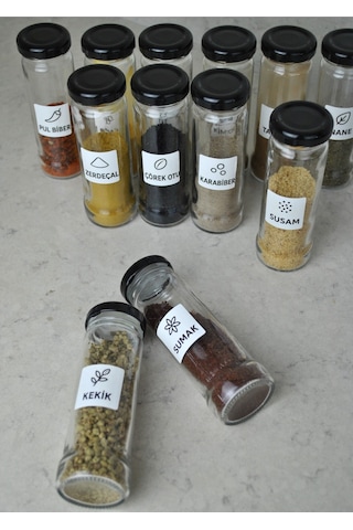 12 Adet 105 Cc Cam Baharatlık Seti 105 Ml Sızdırmaz Kapaklı Yuvarlak Baharatlık / 16'lı Etiket Şeffaf-siyah