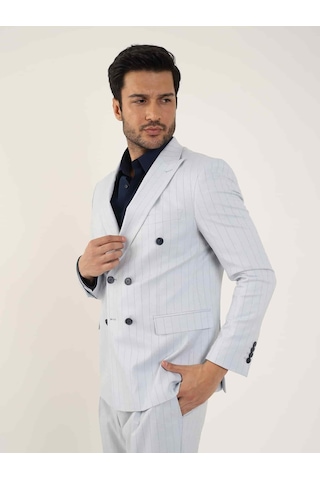Dufy Mavi Erkek Slim Fit Çizgili Kruvaze Yaka Takım Elbise - 104425-mavi Mavi