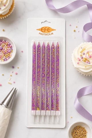 Mor Gold Simli Uzun Pasta Mumu 17 Cm Karışık