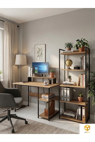 Vien 2 Set Kitaplıklı Masa Raflı Çalışma Masası 5 Raflı Kitaplık Monitör Yükseltici Siyah - Çam