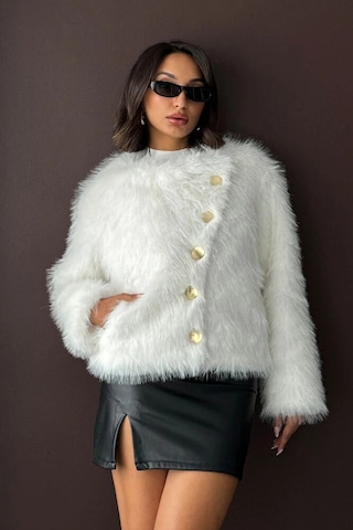 Kadın Vintage Peluş Tüylü Crop Ceket Altın Düğmeli Bisiklet Yaka Kışlık Şık Ceket Krem