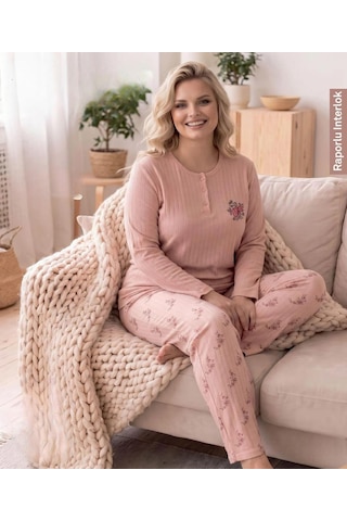Boyraz Lindros Kadın Düğme Yaka Raporlu İnterlok Kışlık Battal Pijama Takımı 03017 - 1 Adet Pudra