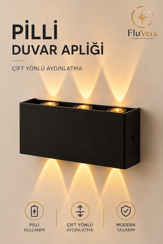 Pilli Amber 12w 3 Led Çift Taraflı Siyah Duvar Aplik Dekoratif Led Aydınlatma İç Dış Mekan Siyah