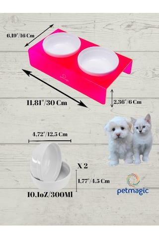 Petmagic Akrilik Pleksi Evcil Hayvan Beyaz Seramik Kaseli İkili Kedi Köpek Mama Su Kabı Neon