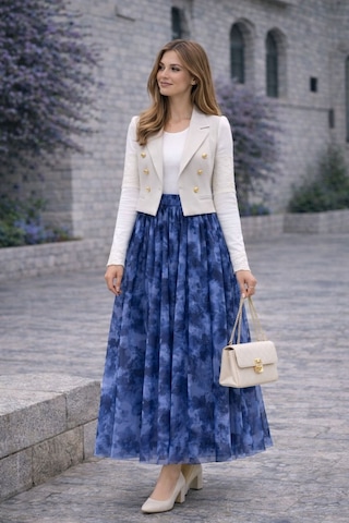 Hira Life Fashion Asimetrik Kesim Etnik Desen Ve Beli Lastikli İçi Astarlı Tül Etek Mavi Mavi