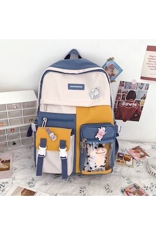 Yifomall Kadınlar İçin Mavi Şeffaf Okul Çantası - Kalf Yeleği Ve 3 Kartun Sticker İle Sevimli Üniversite Stili双肩包 MAvi