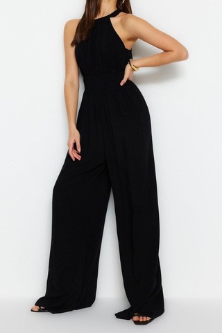 Ersefa Kadın Moda Reglan Kol Boru Paça Halter Yaka Uzun Beli Büzgü Detay Siyah