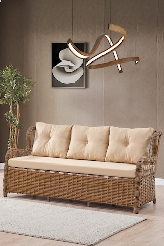 Paris Rattan Puflu Bahçe Balkon Takımı 3+1+1 Cam Masalı Kahve Kahverengi
