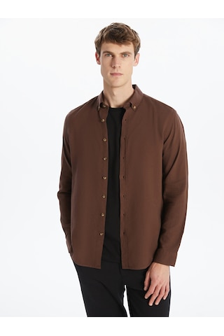 Lcw Vision Kahverengi Slim Fit Uzun Kollu Armürlü Erkek Gömlek